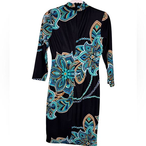 Cache Black & Teal Floral Chain Print Sheath Dress 3/4 Sleeve Size 2 - Picture 7 of 12